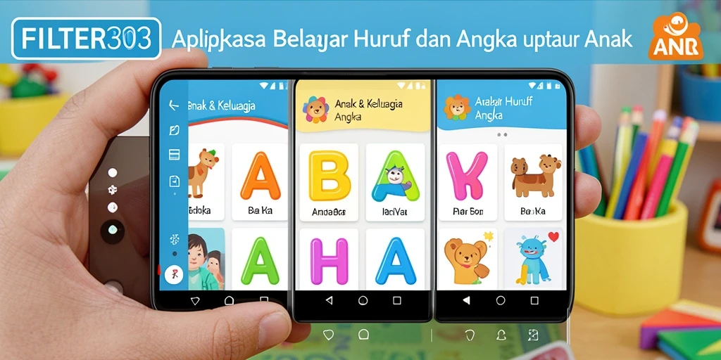 Tampilan antarmuka FILTER303 yang interaktif untuk belajar huruf dan angka.