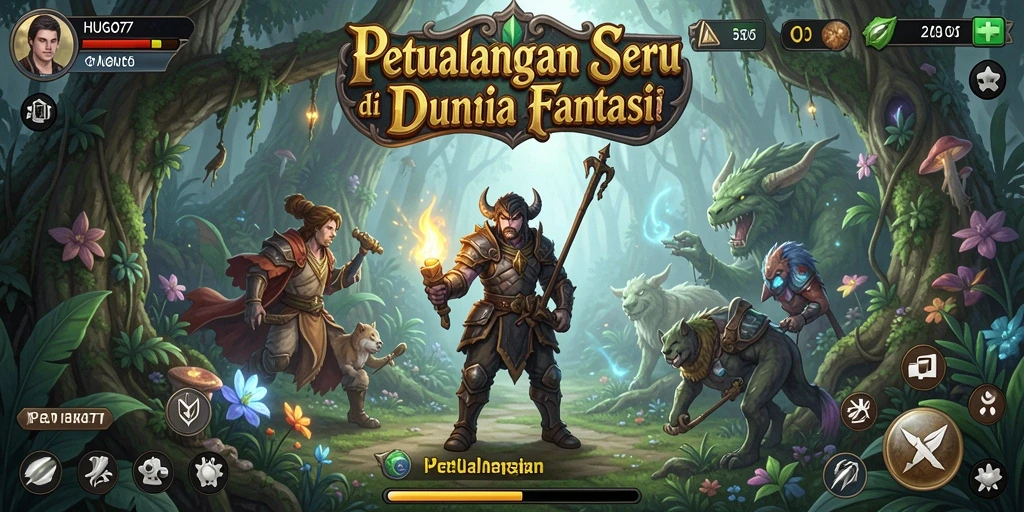 Antarmuka HUGO77 menampilkan dunia Petualangan yang menarik dan penuh detail.